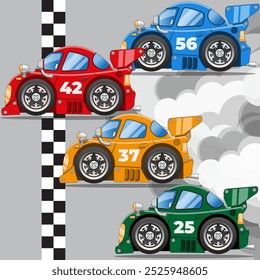 Racing cars on the finish line. Side view. Vector illustration.