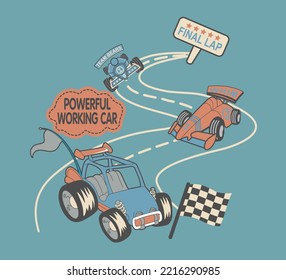 Racing Cars on a race track with racing flag. Vector design for kids