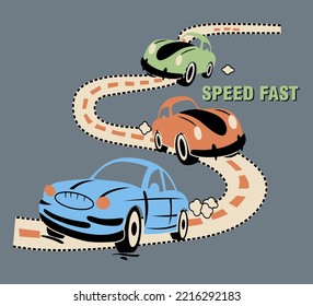 Racing Cars on a race track with racing flag. Vector design for boys