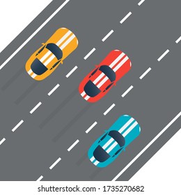 Racing cars on the rally track. Top view. Sport vehicles on the road. Vector illustration.