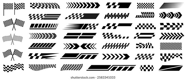 Racing cars and race car stripes set, checkered flag, finish line, motocross labels, dynamic lines, motorsport, racing stripe speed, automotive competition