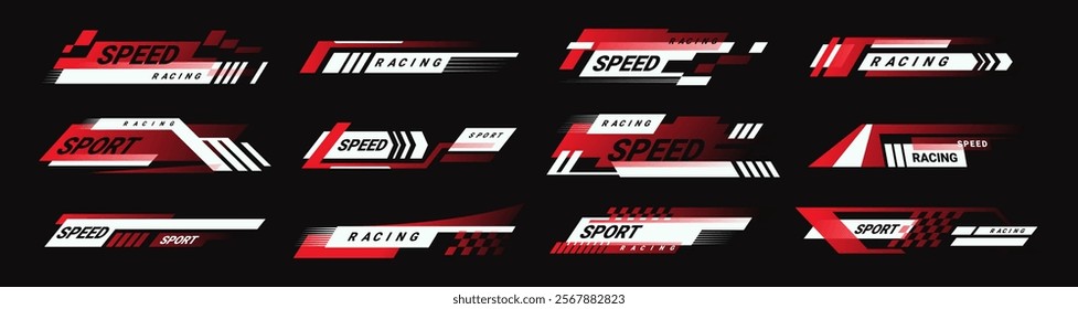 Racing cars and race vehicles stripes for design and decor. Vector in flat style, isolated set of formula 1 stickers. Badges with wording or slogan, motocross labels or logotypes for winners