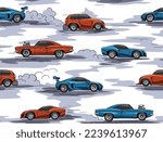 Racing cars seamless pattern. Hand drawn fun cartoon endless ornament for children fabric and fashion print. Vector background.