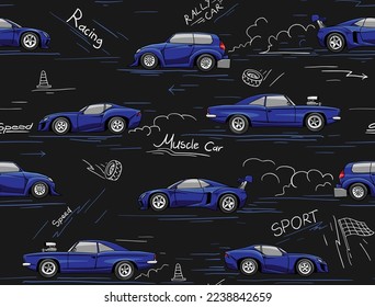 Racing cars seamless pattern. Hand drawn fun cartoon endless ornament for children fabric and fashion print. Vector background.