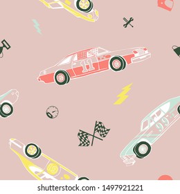 Racing cars seamless pattern. Hand-drawn muscle cars with isolated equipment and tools for racing. Pen graphic. Racing sport illustration. Backround for boys.