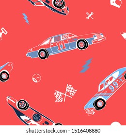 Racing cars seamless pattern. Hand-drawn muscle cars with isolated equipment and tools for racing. Pen graphic. Racing sport illustration. Backround for boys.