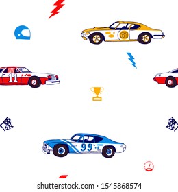 Racing cars seamless pattern. Hand-drawn muscle cars with isolated equipment and tools for racing. Pen graphic. Racing sport illustration. Backround for boys.