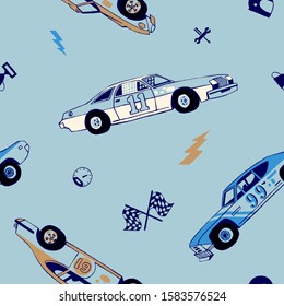 Racing cars seamless pattern. Hand-drawn muscle cars with isolated equipment and tools for racing. Pen graphic. Racing sport illustration. Backround for boys.