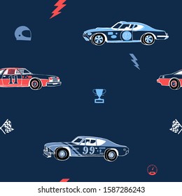 Racing cars seamless pattern. Hand-drawn muscle cars with isolated equipment and tools for racing. Pen graphic. Racing sport illustration. Backround for boys.