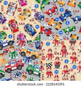 Carros de carreras. Patrón sin foco. Ilustración vectorial.