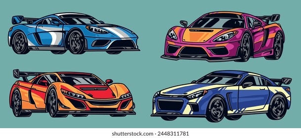 Los coches de carreras establecen los logotipos coloridos con los automóviles expresos para los conductores valientes listos para conducir Ilustración vectorial rápida