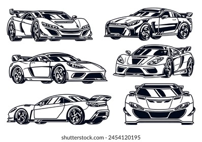 Los coches de carreras establecen los logotipos monocromos con opciones de automóviles de diferentes lados para la reparación de automóviles Ilustración vectorial de diseño interior