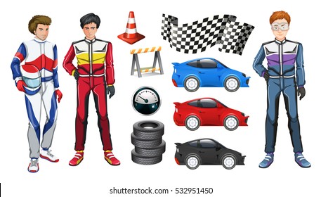 Racing cars and three racers illustration