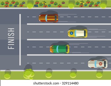 Racing cars top view. Flat vector illustration.