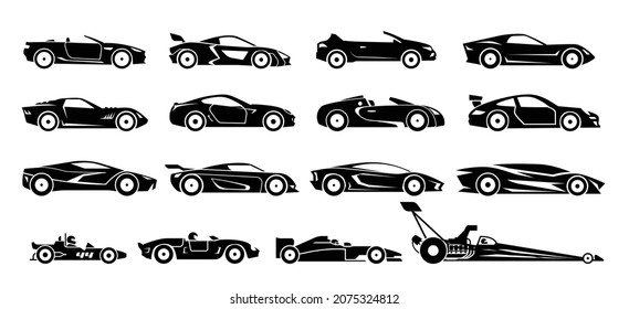 Racing cars transportation icons. Collection of signs presenting different faster cars. Modern means of transportation. 