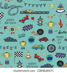 Racing cars vectorial cumpleaños patrón sin fisuras.