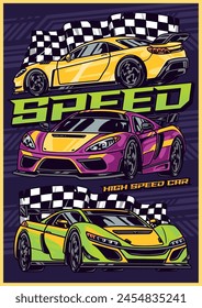 Racing cars vintage poster colorful with checkered flags near bullits for brave and professional extreme drivers vector illustration