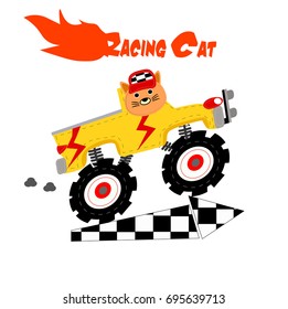 racing cat with monster truck. vector cartoon illustration