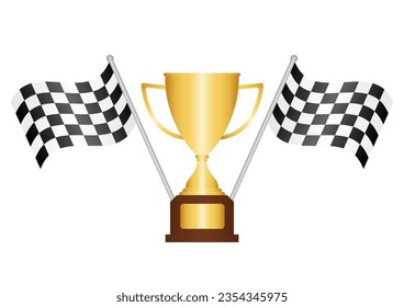 Rennsieger-Champion-Cup. Golden Trophy Cup und Checkered Flag. Champion and Winning Concept. Vektorgrafik.