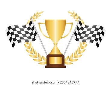 Racing Champion Cup. Golden Trophy Cup and Checkered flag. Champion and Winning Concept. Vector Illustration.