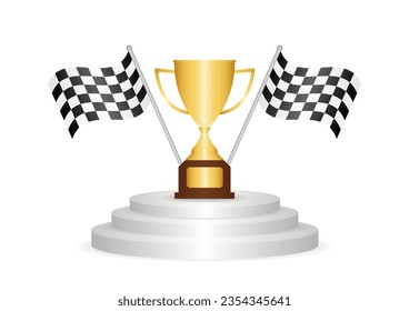 Racing Champion Cup on Stage Podium. Golden Trophy Cup and Checkered flag. Champion and Winning or Celebration Concept. Vector Illustration.