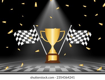 Racing Champion Cup in Racing Track Stadium. Golden Trophy Cup and Checkered flag. Champion and Winning or Celebration Concept. Vector Illustration.