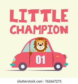 racing the champion slogan and cute car illustration vector for t-shirt and other uses