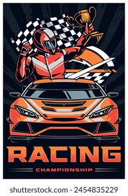 Racing championship colorful vintage poster with man driver of fast car holding competition winner cup in his hand vector illustration