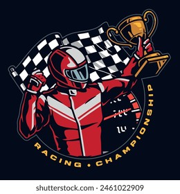 Racing championship colorful vintage poster with cool racer leader of professional tournament holding gold cup in his hands vector illustration