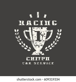 Racing championship emblem. Graphic design for t-shirt. White print on black background