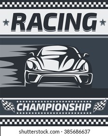 Racing Championship Poster Design.  Modern Sports car racing/ speeding taking bend at high speed.  Vector graphic illustration.