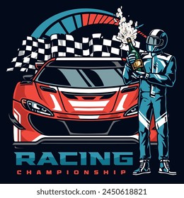 Racing championship vintage flyer colorful with winner of motorsport competitions with bottle of champagne standing near car mail vector illustration