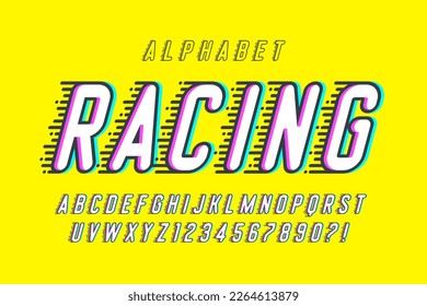 Racing characters design, dynamic alphabet, letters and numbers. Vector characters. 15 degree skew