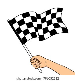 Corrida bandeira quadriculado na mão pop art retro vetor ilustração. Símbolo de esporte automático. Imagem isolada em fundo branco. Imitação em estilo de história em quadrinhos.