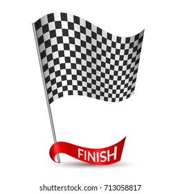 Racing checkered flag with red ribbon and inscription Finish on white background Vector