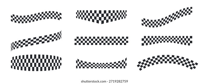 Corriendo cintas de bandera a cuadros en varias Formas. Patrones de rayas blancas y negras para diseños de línea de acabado de automovilismo. Elementos de Anuncio de circuito de velocidad. Conjunto de gráficos de Vector.