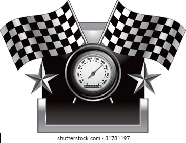 racing checkered flag and speedometer on star background