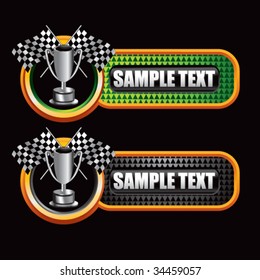 racing checkered flag and trophy on diamond textured banners