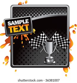 racing checkered flag and trophy on grungy splattered background