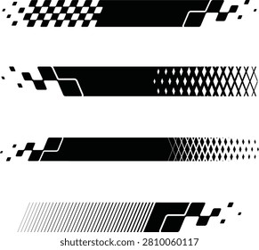 Racing checkered flag vector collection, motorsport finish line banners, speed stripe decals, waving race flags, sport competition graphics for vehicle wrap, sticker, branding and event design