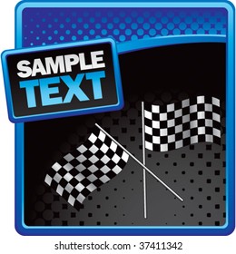 racing checkered flags on blue and black halftone advertisement