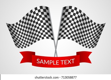 Racing checkered flags with a red ribbon on a light background Vector