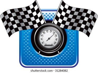 racing checkered flags and speedometer on blue halftone web button