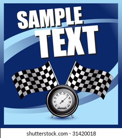 racing checkered flags and speedometer on blue banner