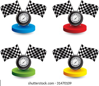 racing checkered flags and speedometer on colored discs