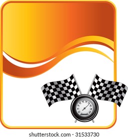 racing checkered flags and speedometer on orange wave background