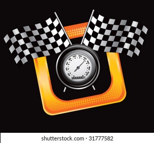 racing checkered flags and speedometer on tilted banner