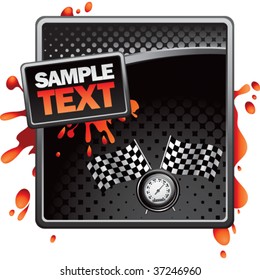 racing checkered flags and speedometer on black halftone ad