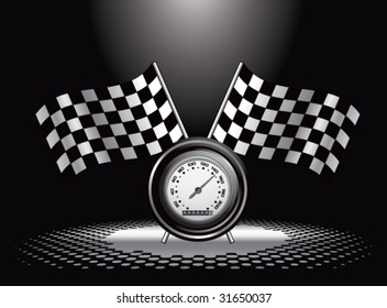 racing checkered flags and speedometer under spotlight