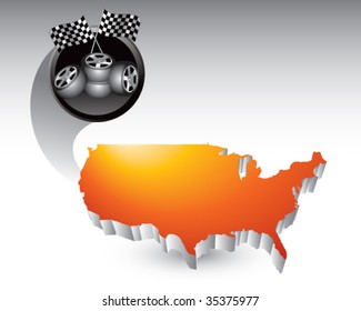 racing checkered flags and tires flying across the usa